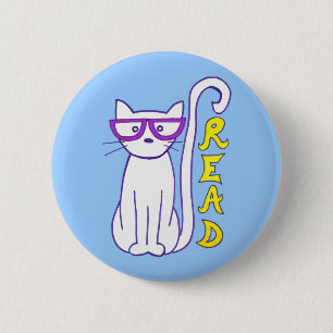White Cat with Purple Glasses with Read Sign 6 Cm Round Badge