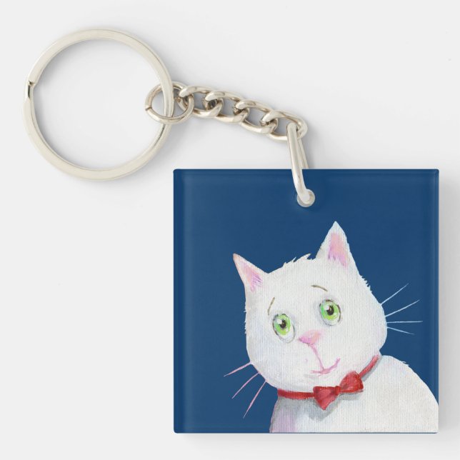 White Cat with Red Bow -  Acrylic Keychain (Front)