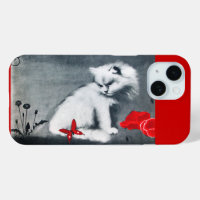 WHITE CAT WITH RED BUTTERFLY