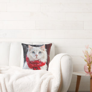 White Cat with Red Winter Scarf Cushion