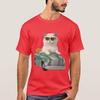 White Cat with Shades Driving a T-Shirt