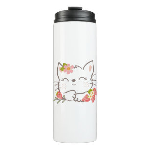 white cat with strawberry thermal tumbler