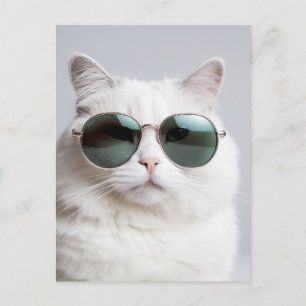 White cat with sunglasses, cool feline, lovely pet postcard