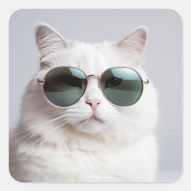 White cat with sunglasses, cool feline, lovely pet square sticker (Front)