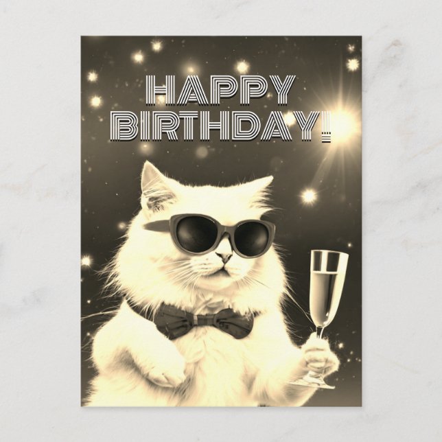 White cat with sunglasses toasting Birthday  Postcard (Front)