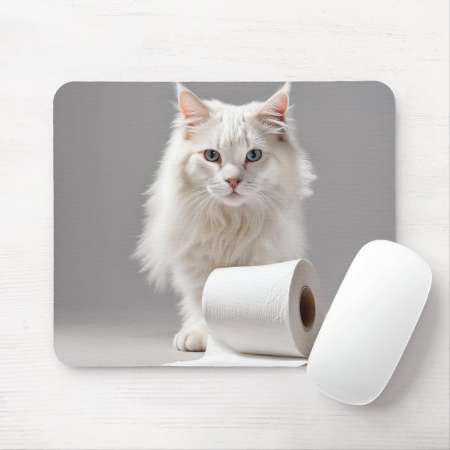 White Cat With Toliet Paper Mouse Pad (With Mouse)