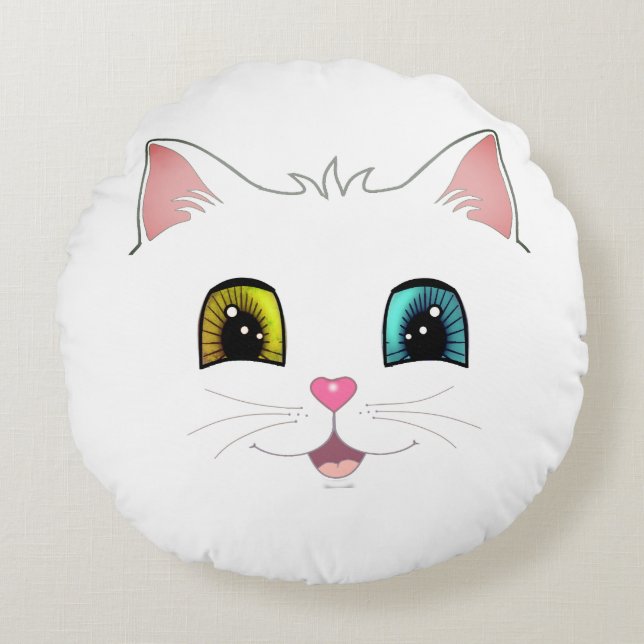 White Cat with Two Different Coloured Eyes Round Cushion (Front)