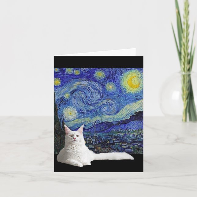 White Cat with Van Gogh Starry Night Card (Front)