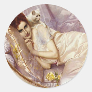 white cat woman lady white purple silk bed classic round sticker