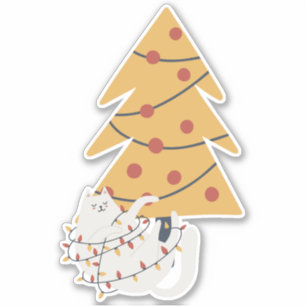 White cat wrapped in red Christmas tree lights