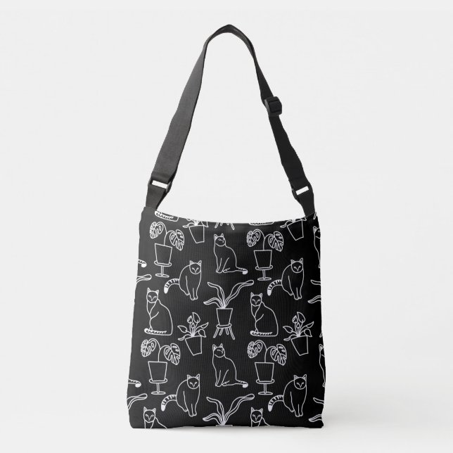 White cats on black crossbody bag (Front)