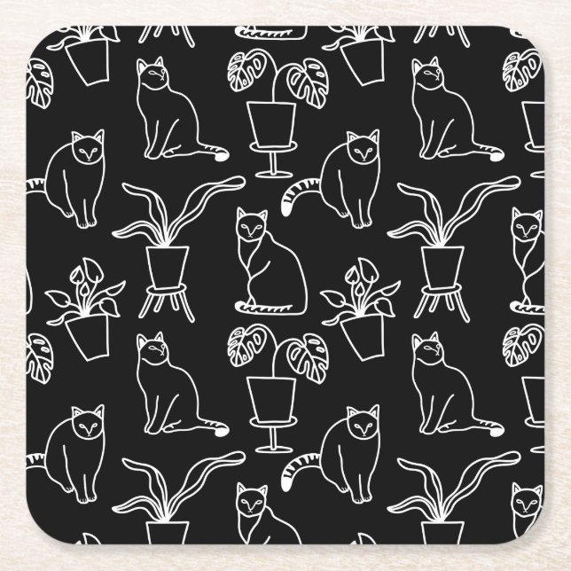 White cats on black square paper coaster (Front)