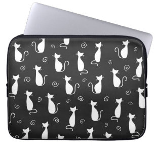 White Cats Pattern on Black Laptop Sleeve