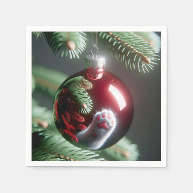 White Cat's Paw Reflection In Red Ornament Napkin (Front)