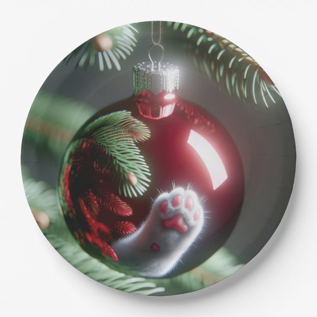 White Cat's Paw Reflection In Red Ornament Paper Plate (Front)