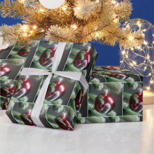 White Cat's Paw Reflection In Red Ornament Wrapping Paper