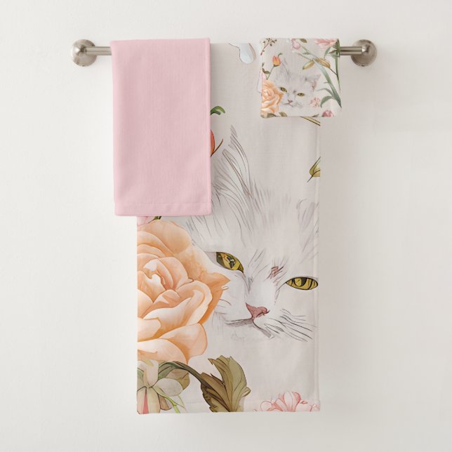 White Cats Pink Roses Floral  Bath Towel Set (Insitu)