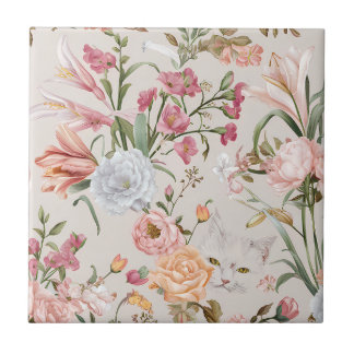 White Cats Pink Roses Floral  Ceramic Tile