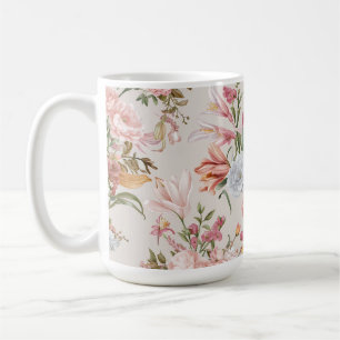 White Cats Pink Roses Floral  Coffee Mug