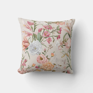 White Cats Pink Roses Floral  Cushion
