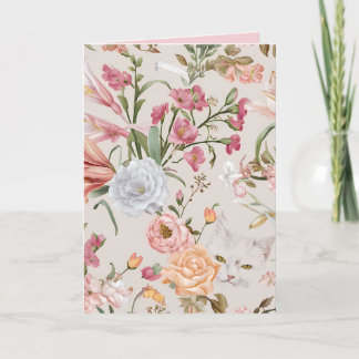 White Cats Pink Roses Floral Flat Thank You Card