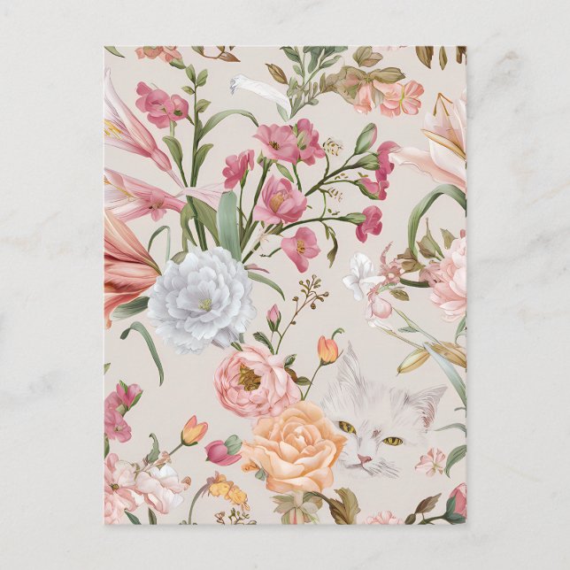 White Cats Pink Roses Floral Flat Thank You Card (Front)