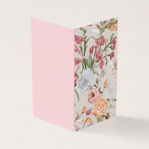 White Cats Pink Roses Floral Flat Thank You Card