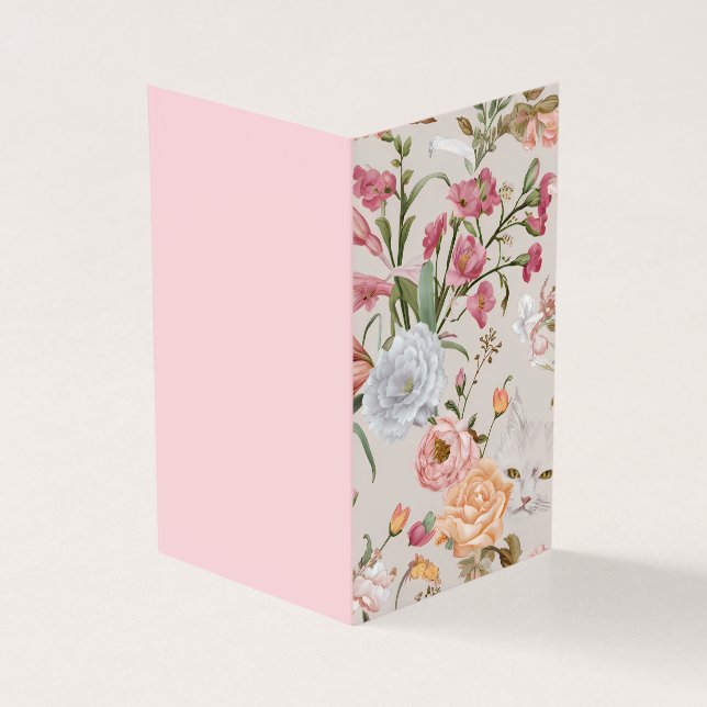 White Cats Pink Roses Floral Flat Thank You Card (Outside)