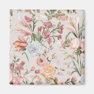 White Cats Pink Roses Floral Magnet