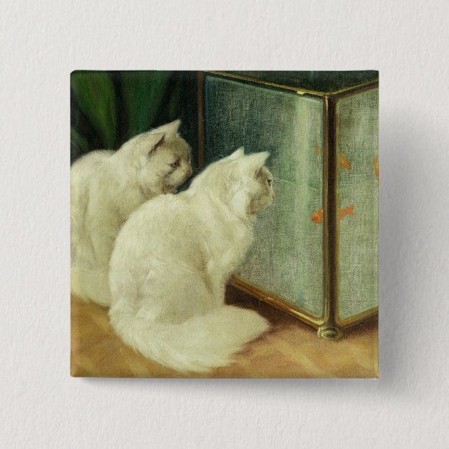 White Cats Watching Goldfish 15 Cm Square Badge (Front)