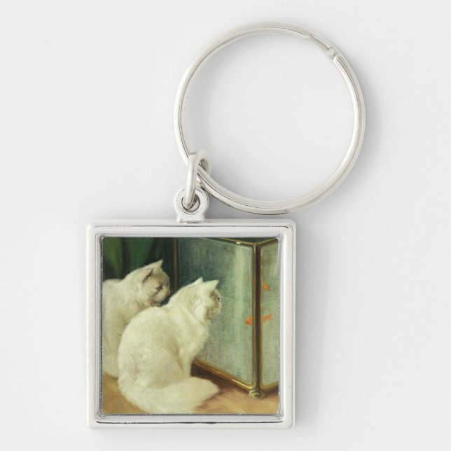 White Cats Watching Goldfish Key Ring (Front)