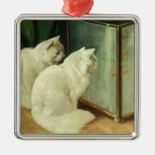 White Cats Watching Goldfish Metal Ornament