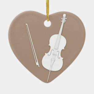White Cello & Bow Coffee Brown Custom Heart Ceramic Ornament