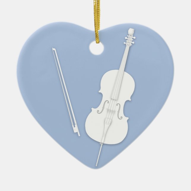White Cello & Bow Light Blue Custom Heart Ceramic Ceramic Ornament (Front)