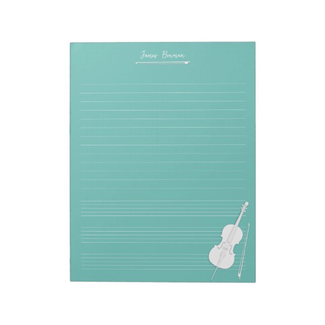 White Cello & Bow Personalised Music Class Aqua Notepad (Rotated)