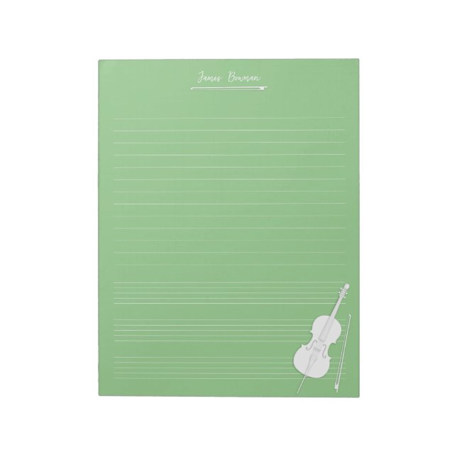 White Cello & Bow Personalised Music Class Green Notepad (Rotated)