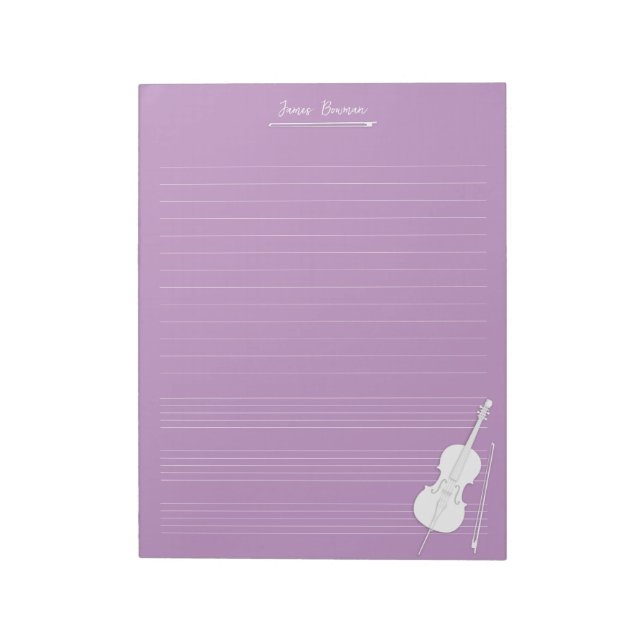 White Cello & Bow Personalised Music Class Lilac Notepad (Rotated)