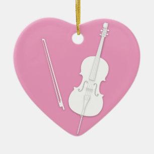 White Cello & Bow Pretty Pink Custom Heart Ceramic Ornament