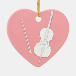 White Cello & Bow Rose Pink Custom Heart Ceramic Ornament