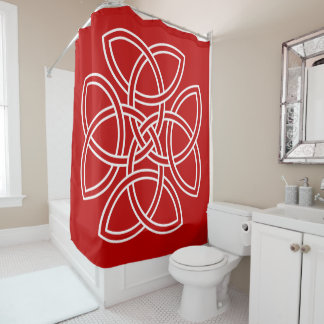 White Celtic Four Triquetra Cross on Red Shower Curtain