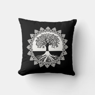 White Celtic Tree of Life on Black Throw Pillow