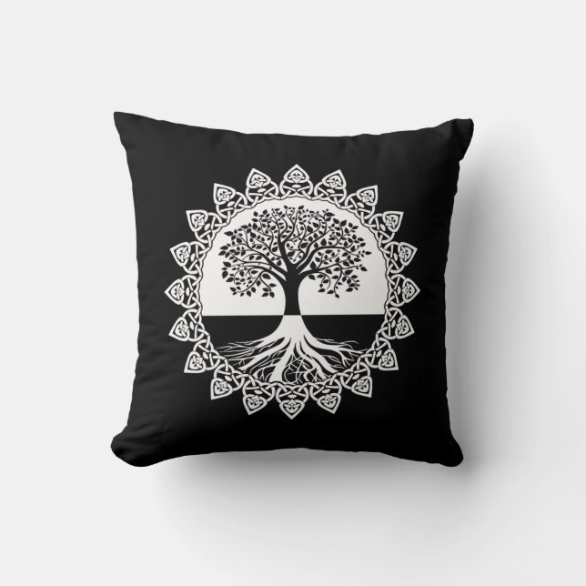 White Celtic Tree of Life on Black Throw Pillow (Front)