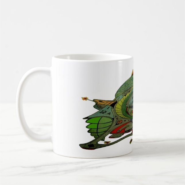 White Ceramic Coffee Mug With Spaceship Art 1 E.1 (Left)