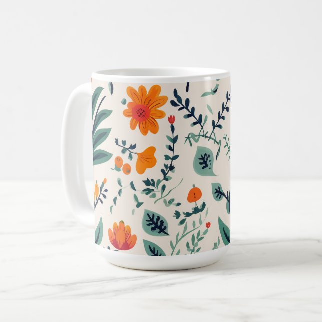White ceramic mug featuring a playful, floral  (Front Left)