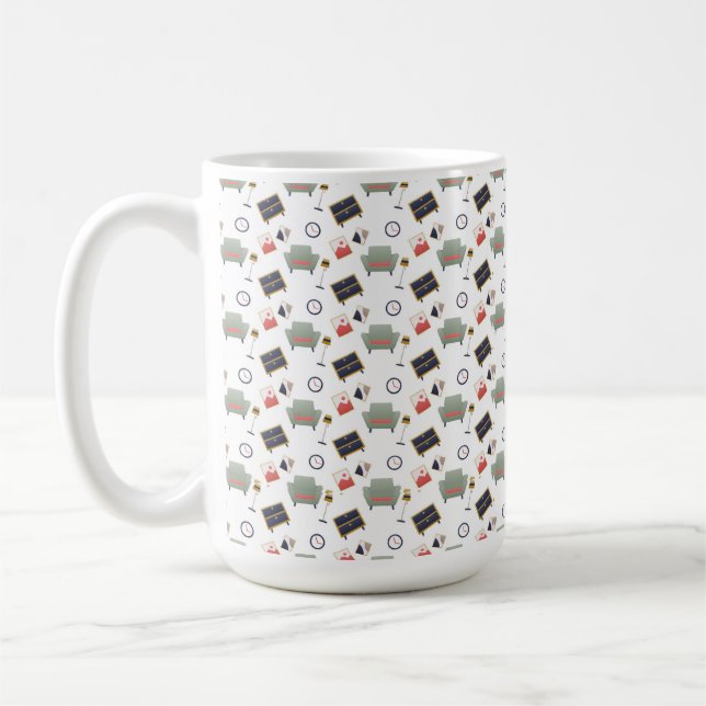 White ceramic mug featuring a playful pattern (Left)