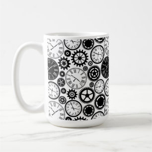 White ceramic mug with black and white clock
