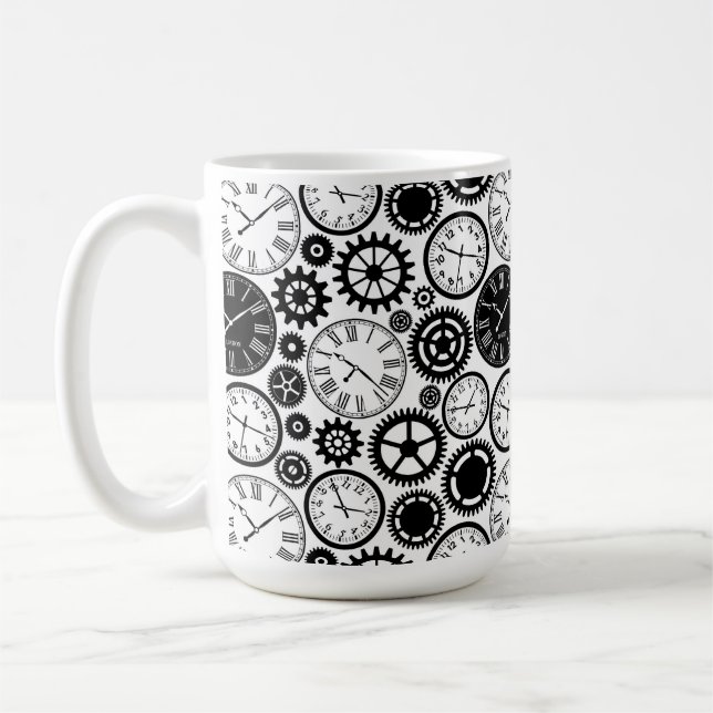White ceramic mug with black and white clock (Left)