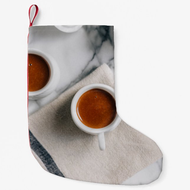 WHITE CERAMIC TEACUP FILLED WITH RED LIQUID SMALL CHRISTMAS STOCKING (Front)