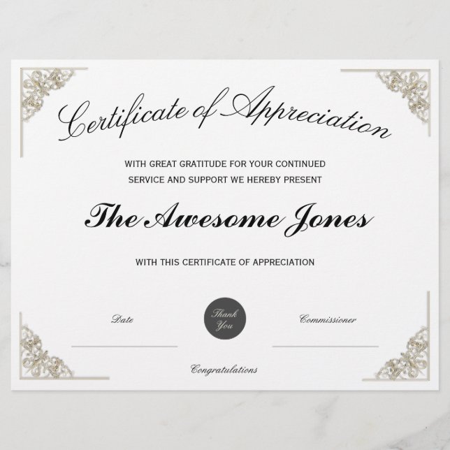 White Certificate of Appreciation w/ Custom Logo (Front)