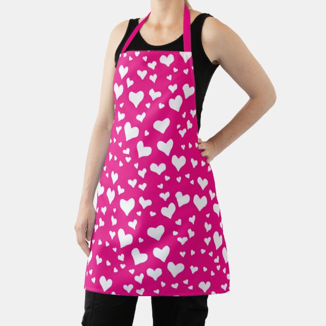 White Chalk Hearts on Fuchsia Pink Apron (Insitu)